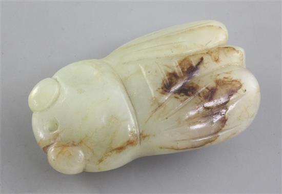 A Chinese pale celadon and brown jade carving of a cicada, Qing dynasty, 5.4cm